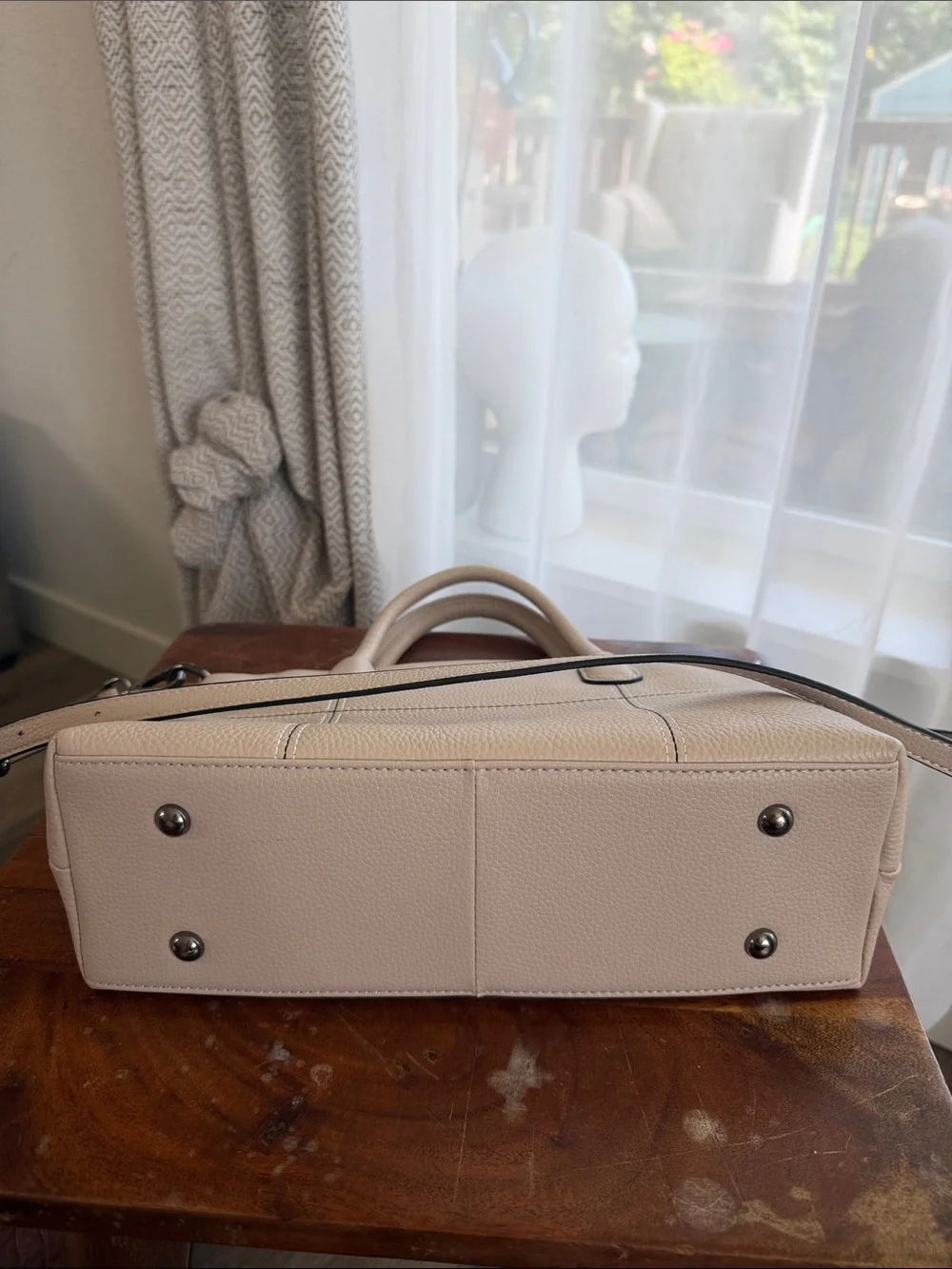 Structured Pebble Leather Satchel in Light Beige with Adjustable Strap